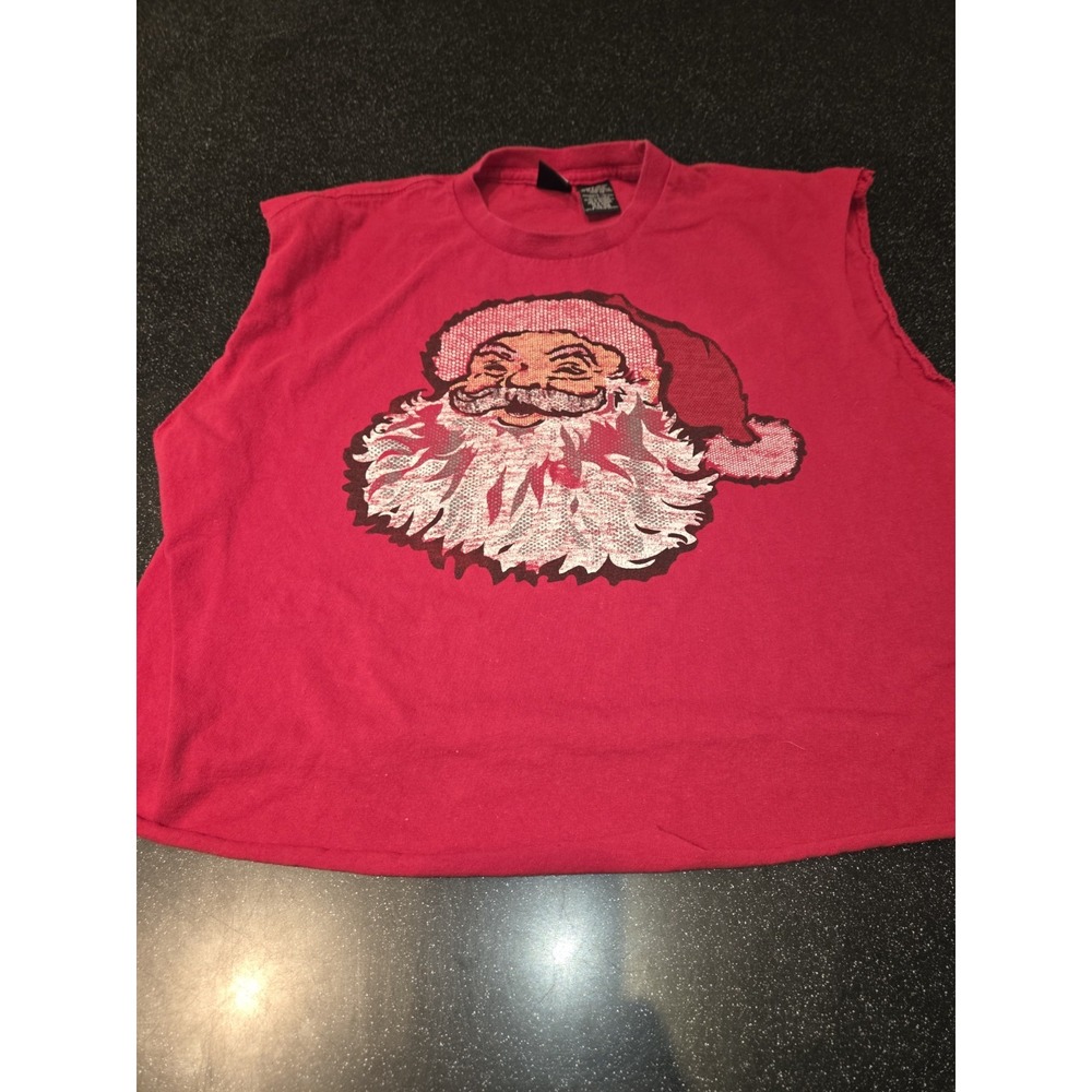 Dec 25 Santa Claus Red Sleeveless Christmas Graphic Shirt Men's Large DIY Cutoff